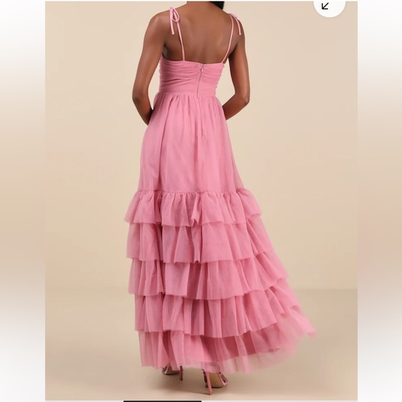 NWT Lulu’s Endlessly Darling Dusty Rose Mesh Tiered Tie-Strap Maxi Dress - Picture 2 of 4